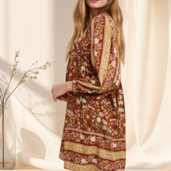 Brown Rust Orange Brown Floral Print Smocked Babydoll Mini Dress - Picture 8 of 8